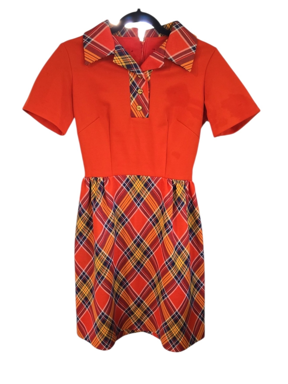 Womens Vintage Toni Todd Mod Schoolgirl Plaid Dress Orange 60s 70s Retro XS S